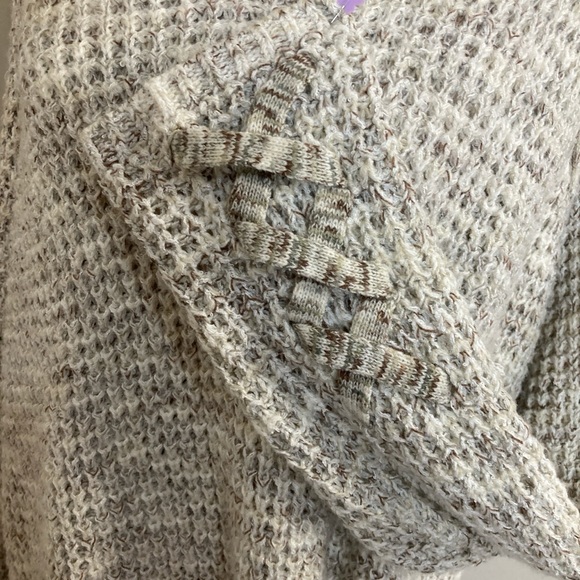 Women’s Cream Brown Round Neck Lace Up Crisscross on Sleeve Hem Knit Sweater - Picture 3 of 6